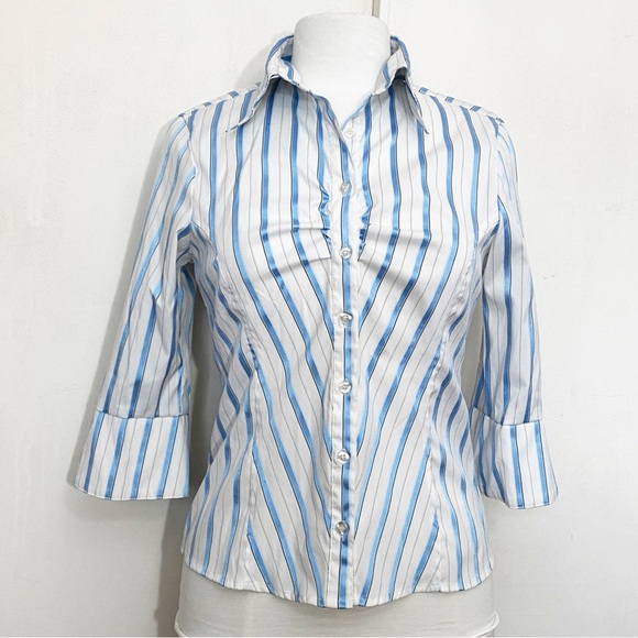 COTTON EXPRESS ruched chest button up slightly shiny stripe bell cuffs blouse L - Picture 1 of 7